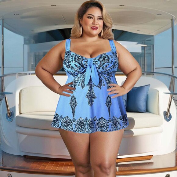 Plus 2pc Swimdress Womens Size 16 Sky Blue Paisley Print Wide Strap Swimwear - Picture 1 of 10